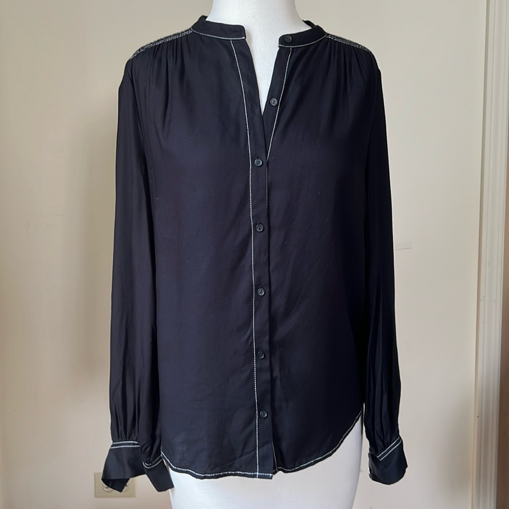 JOIE Women’s Black with White Stitching Detail Round Neck Collar Button Down XS